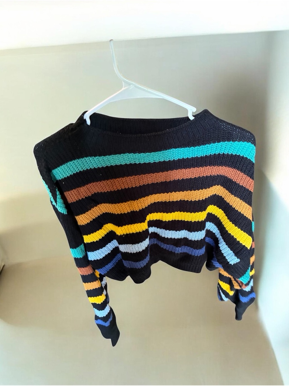 Black Multicolor Striped Cropped Sweater